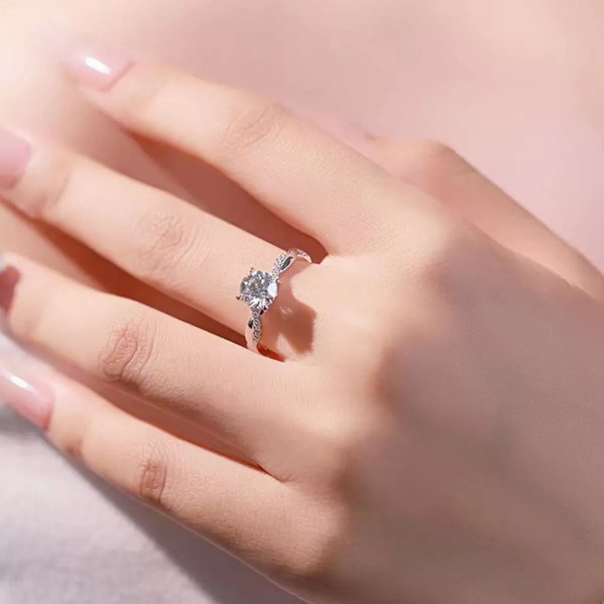 Moissanite stone detail on the adjustable silver ring