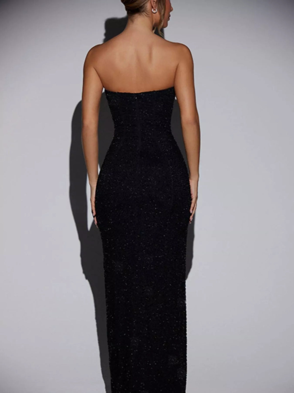 strapless split tube maxi dress styled look