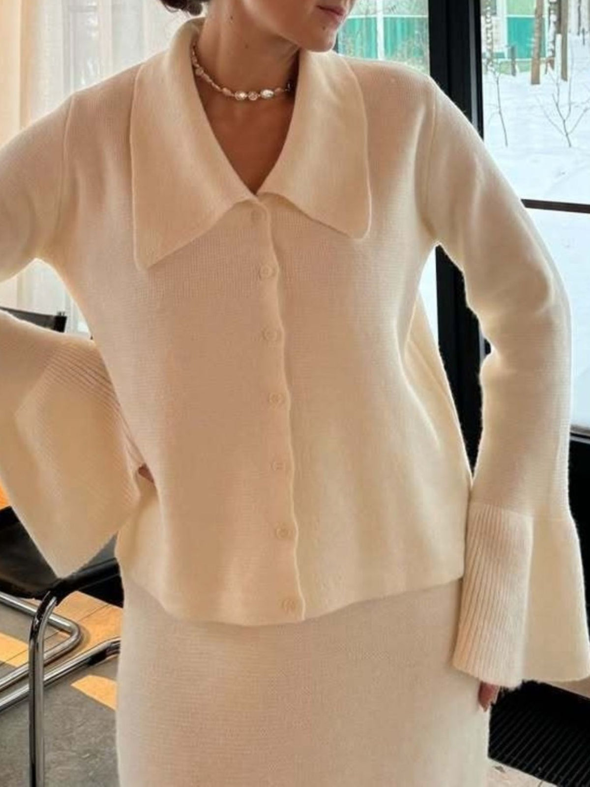 Button Down Cardigan and Skirt Knit Set, view 7
