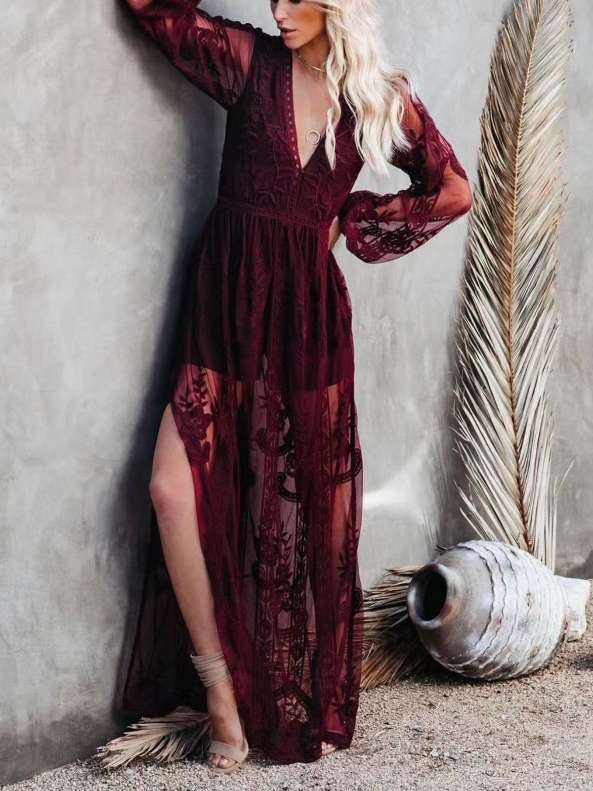 Floral lace slit maxi dress back view
