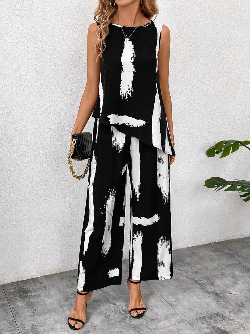 Abstract print sleeveless top and wide leg pants set front view