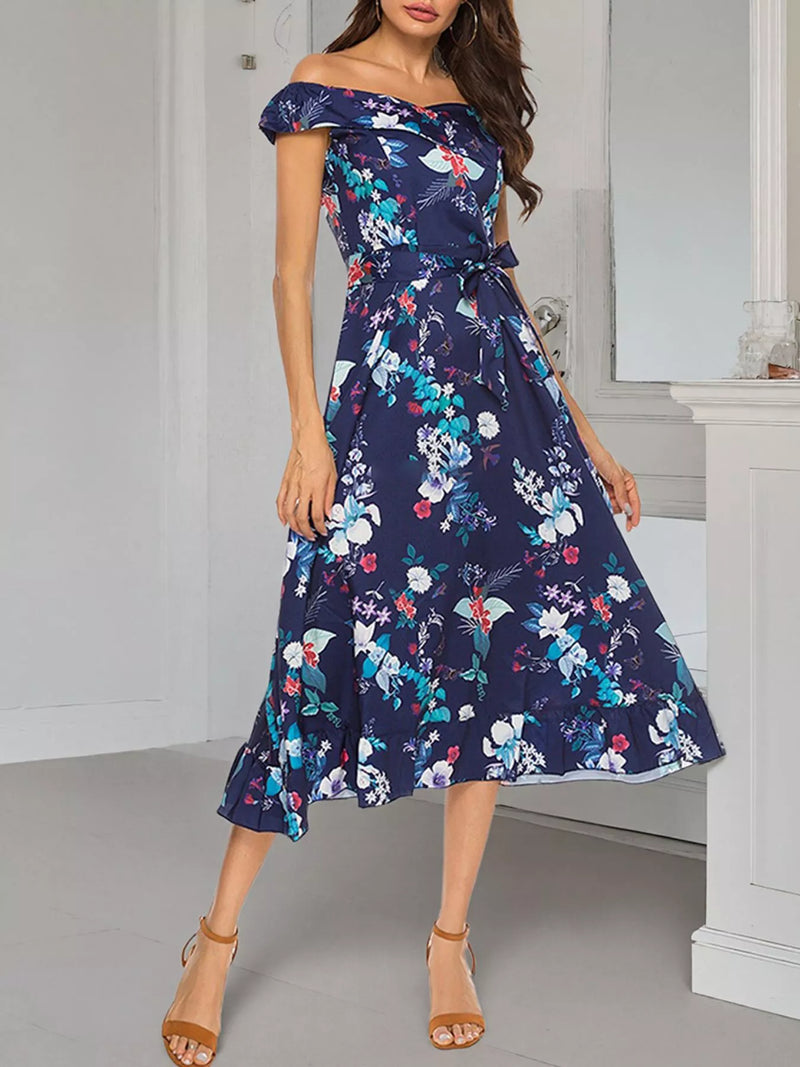 Floral off shoulder midi dress in dark blue, front view on model