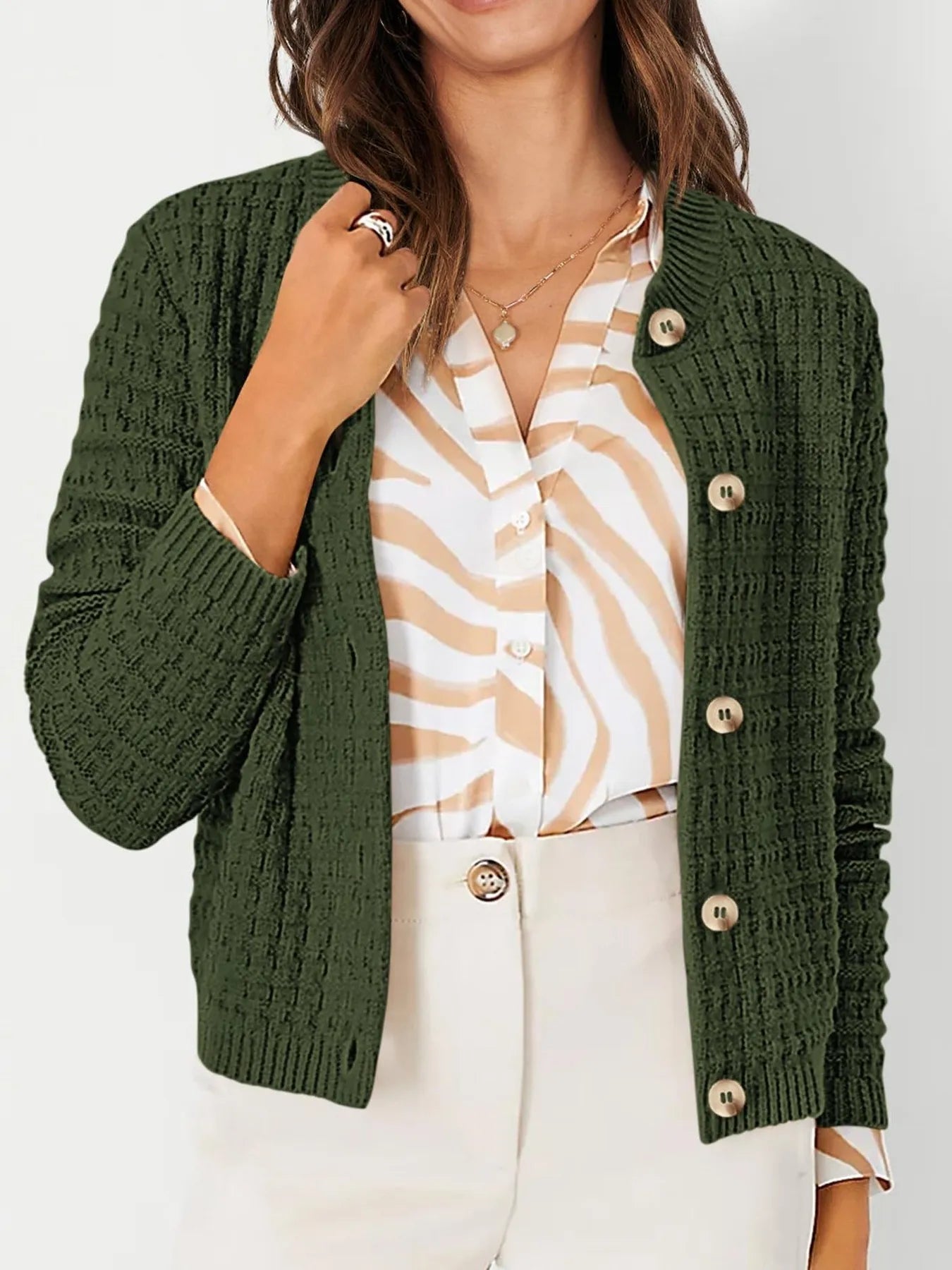 Textured Knit Button-Front Cardigan - Fashorio