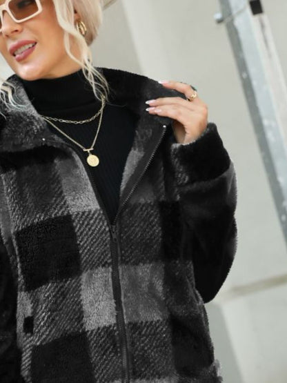 Plaid Zip-Up Collared Jacket - Fashorio
