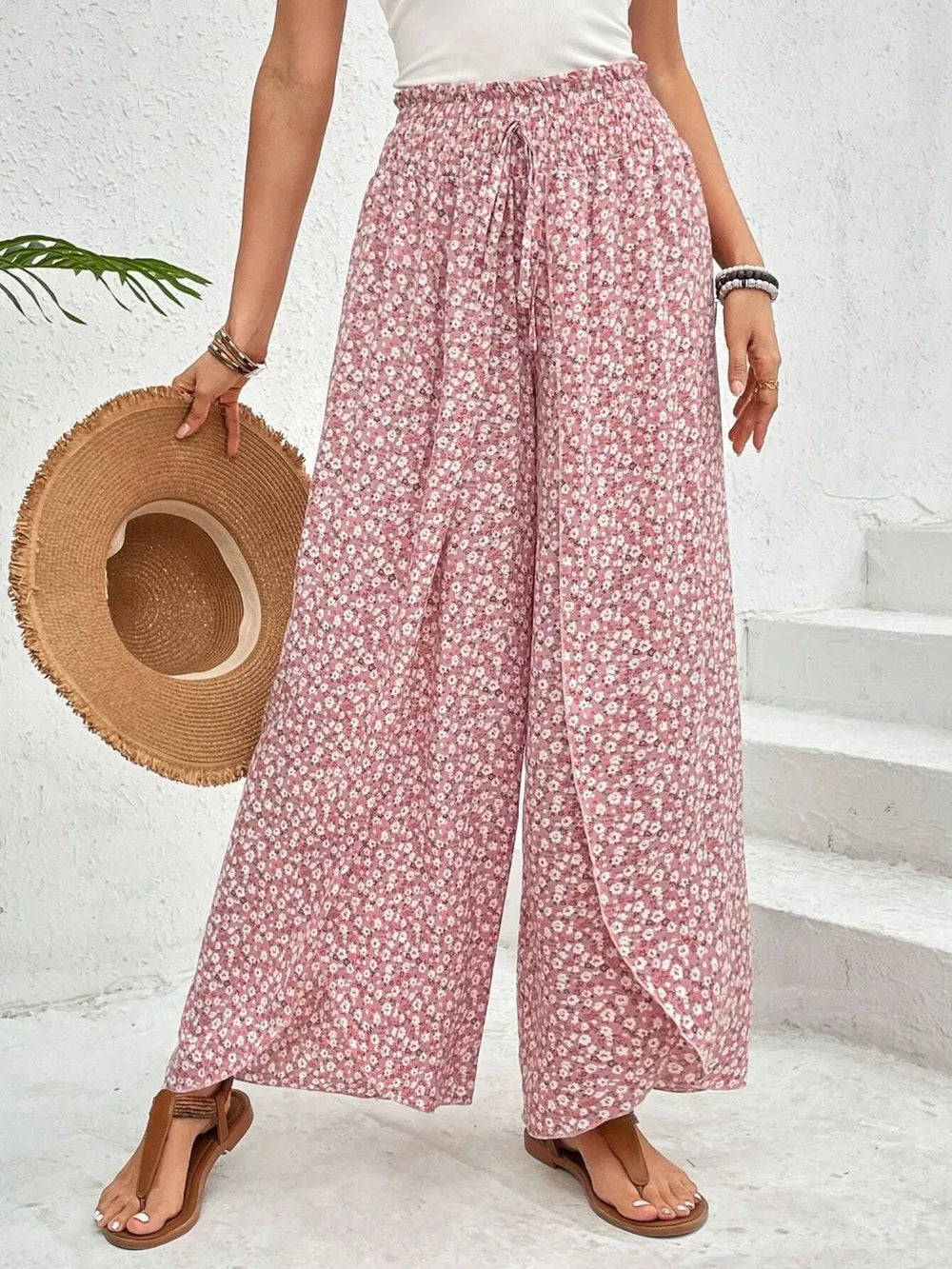 Tie waist wide leg pants with slit front view