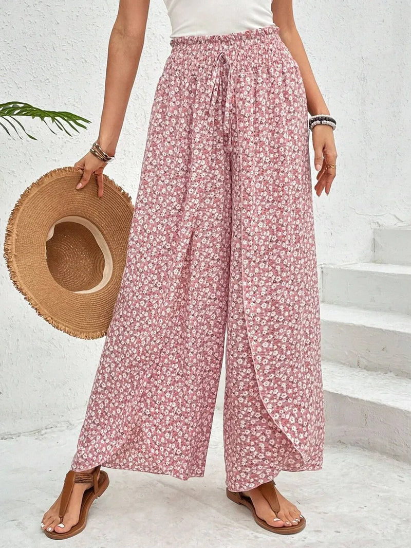Tie waist wide leg pants with slit front view