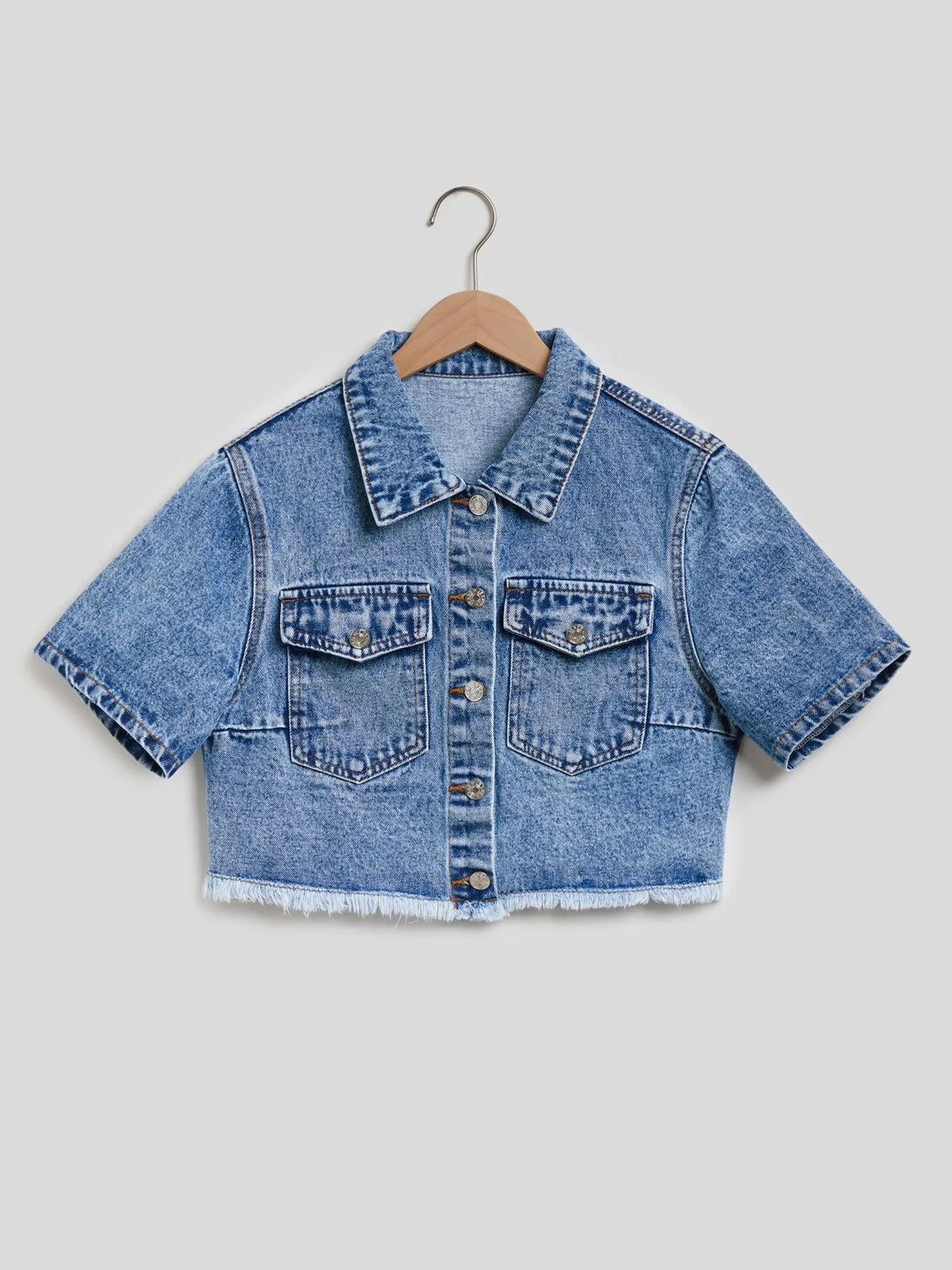 Cropped Short Sleeve Denim Jacket in Blue side view