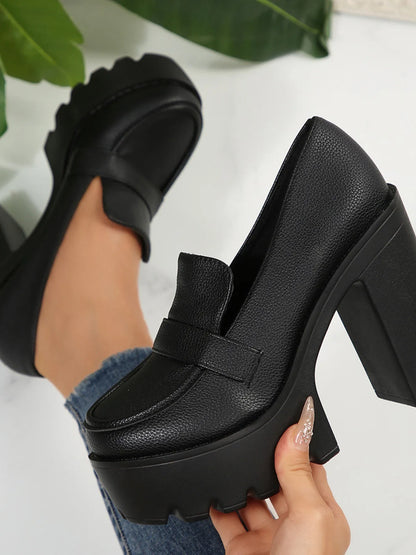 Round Toe Platform Block Heels Pumps - Fashorio