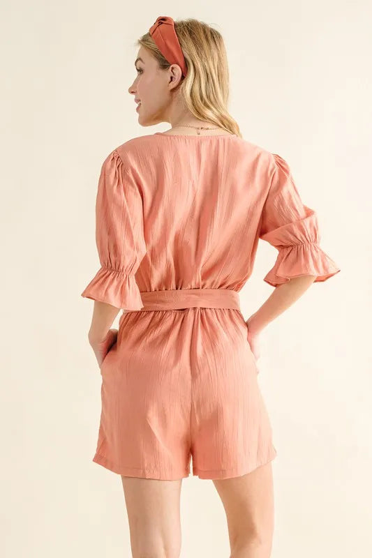 Flounce Sleeves Romper with Belt detail