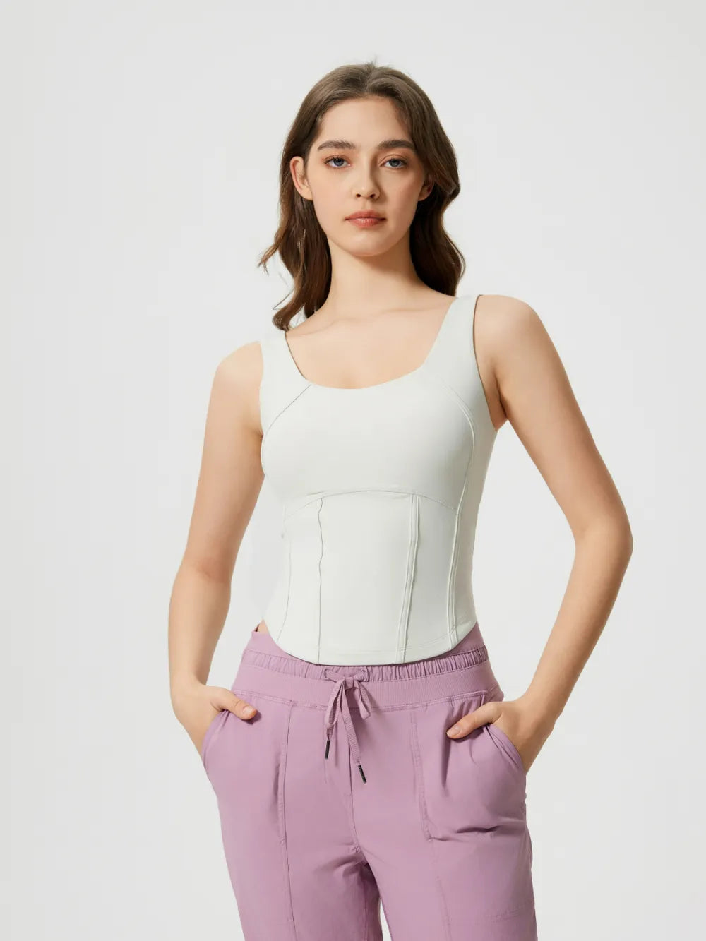 Round neck wide strap padded active tank detail view