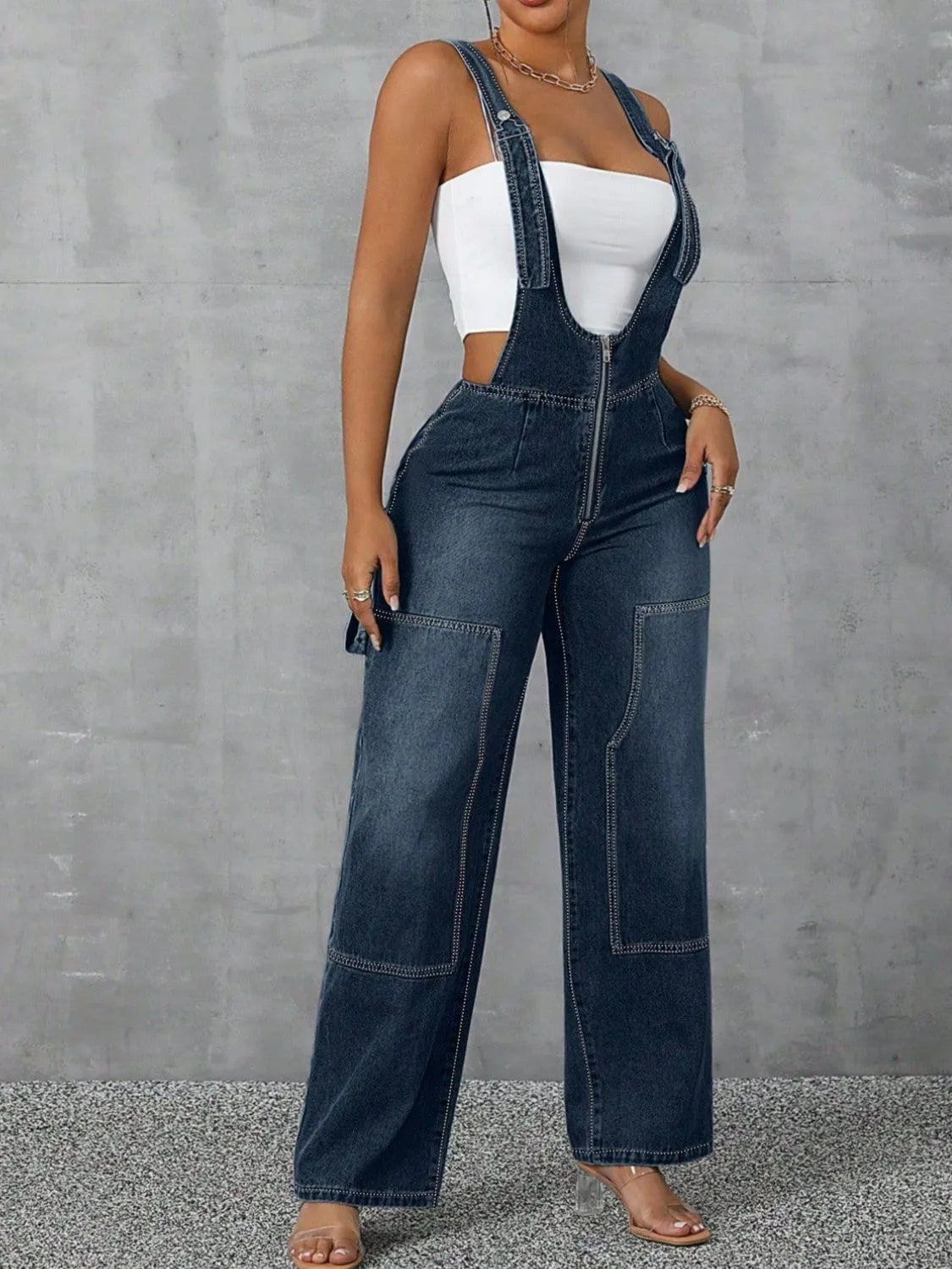 Zip Front Wide Strap Denim Overalls - Fashorio