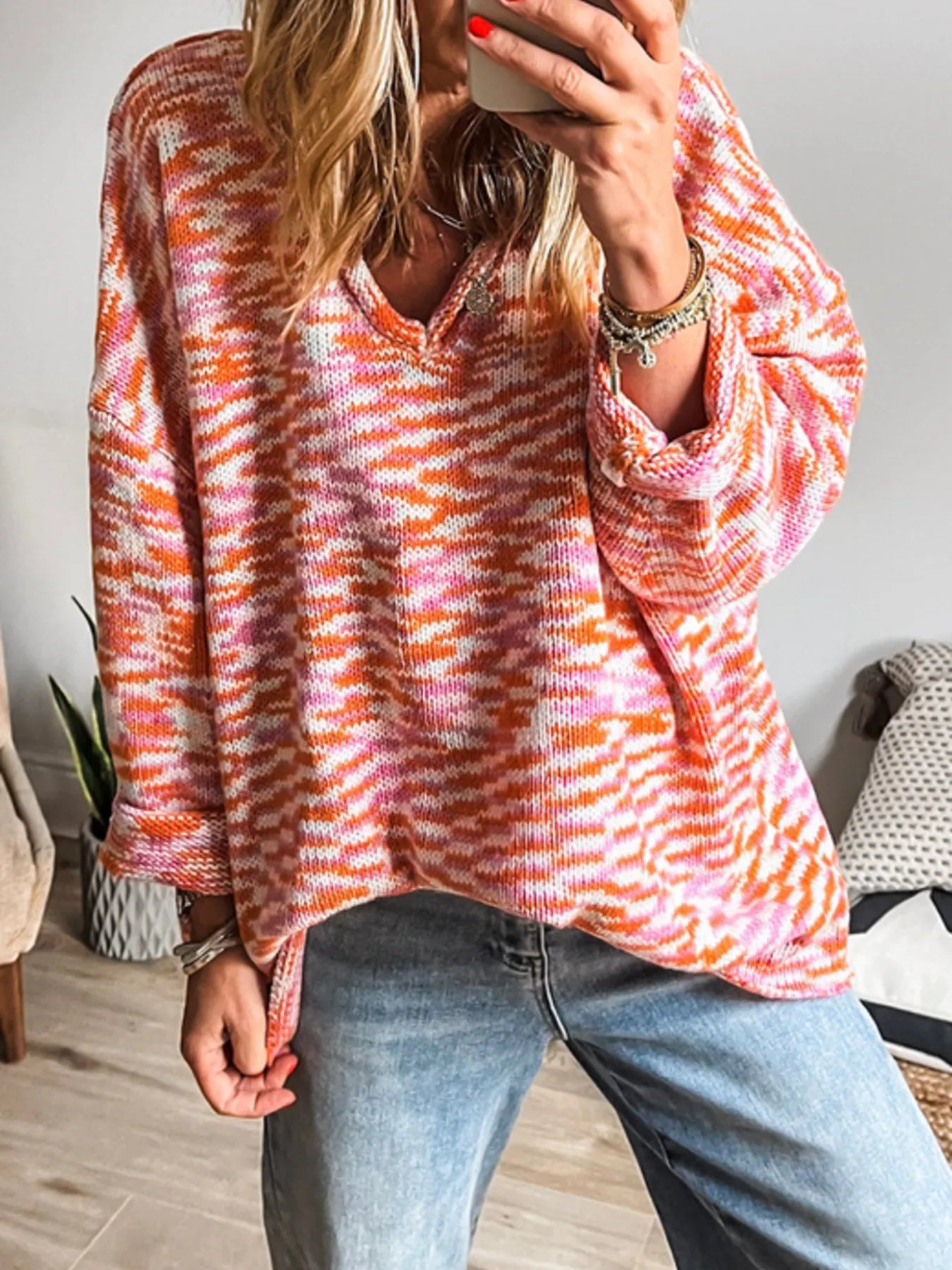 Multi-Color V-Neck Sweater Burnt Coral - Fashorio