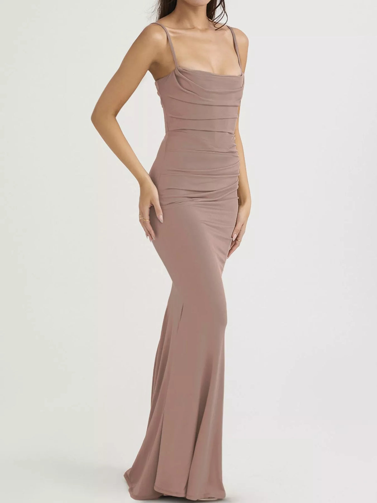 Ruched bodycon maxi dress side view