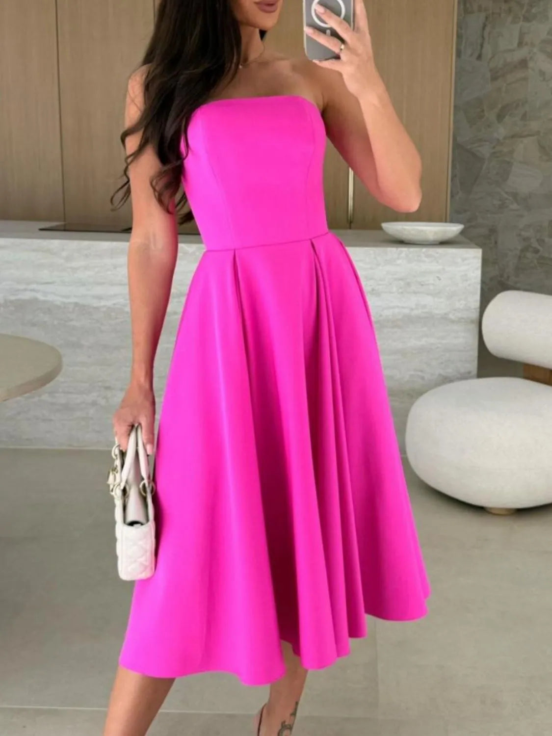 Strapless tube midi dress hot pink colourway