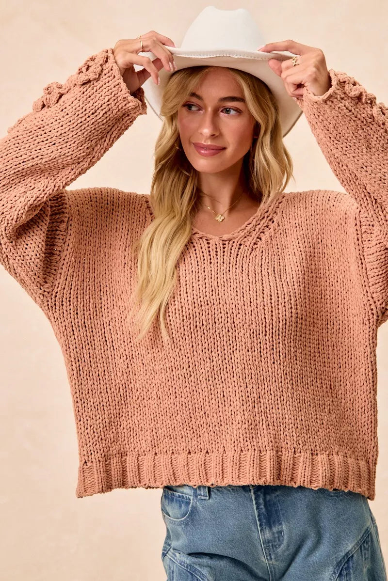 Chunky Knit Sweater with Floral Sleeves in Dusty Peach close up
