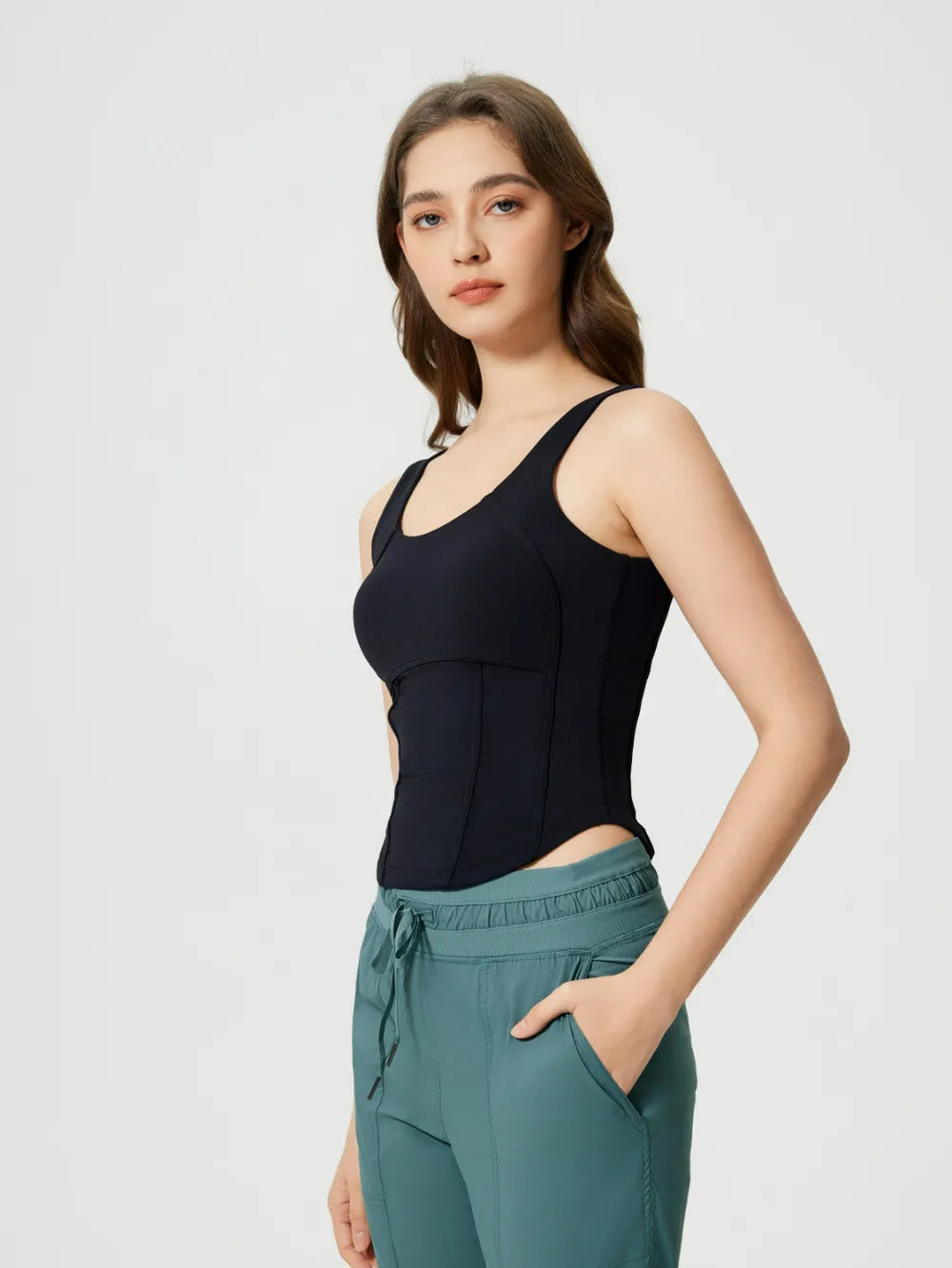 Round neck wide strap padded active tank editorial view