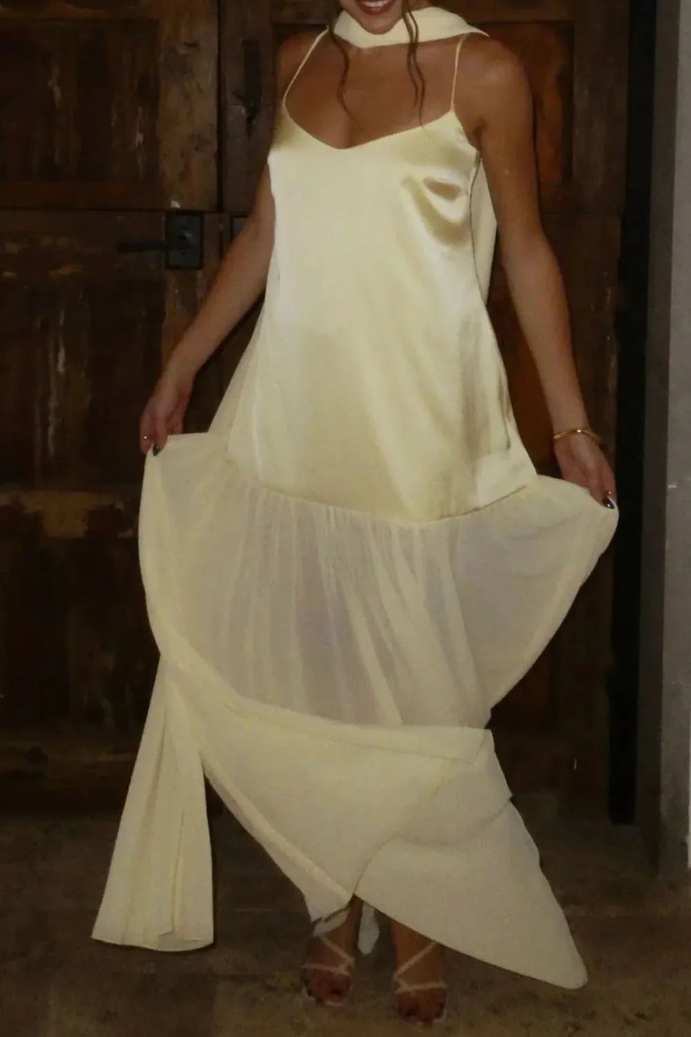 Adjustable strap maxi cami dress with matching scarf, close up view