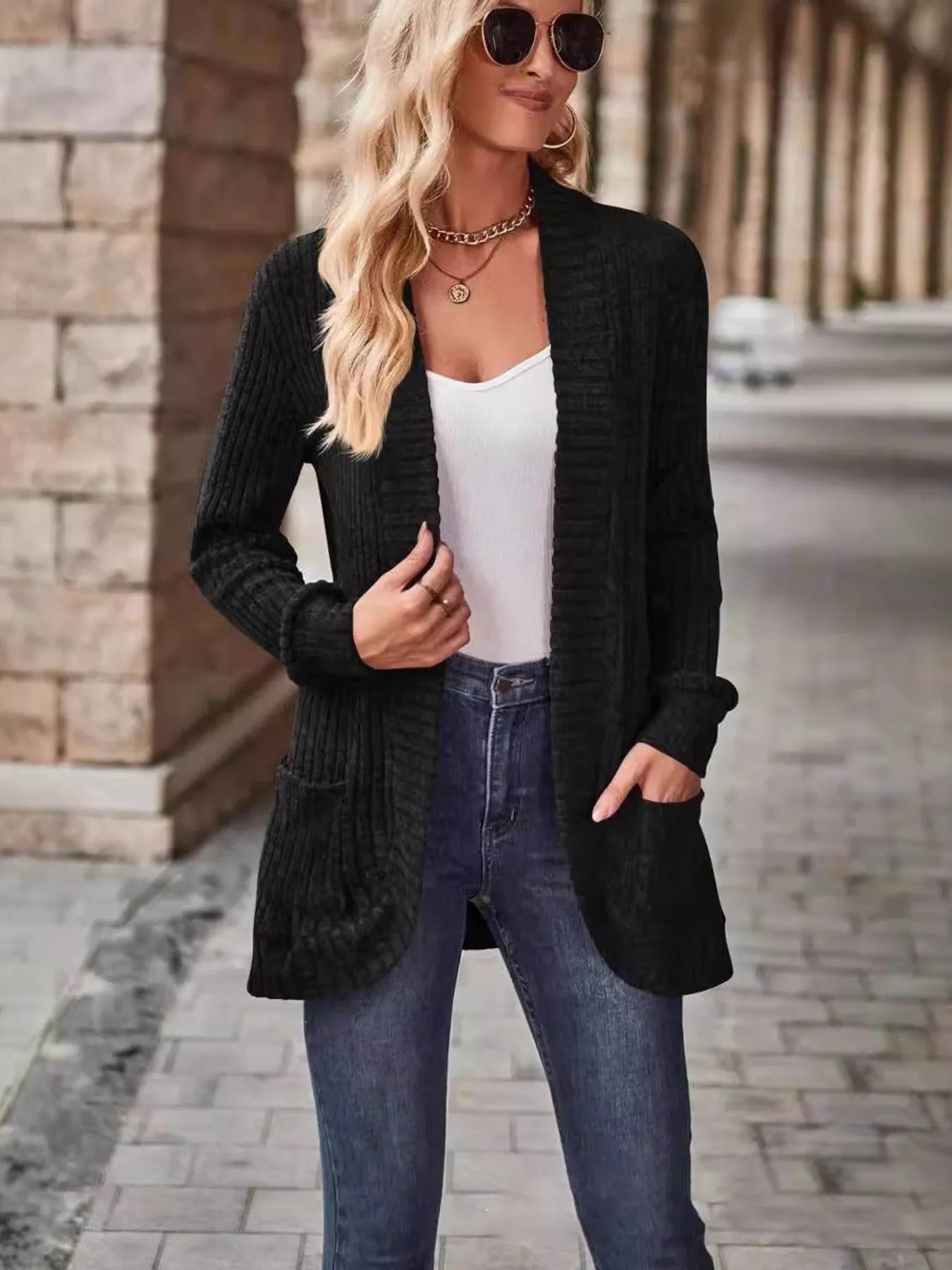Ribbed Open Front Long Cardigan with Pockets - Fashorio