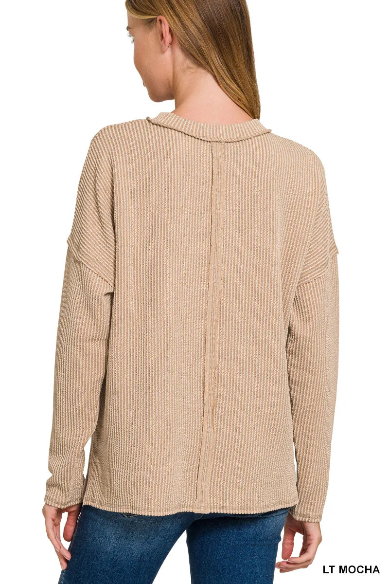 Zenana Long Sleeve Drop Shoulder Rib Top - Fashorio