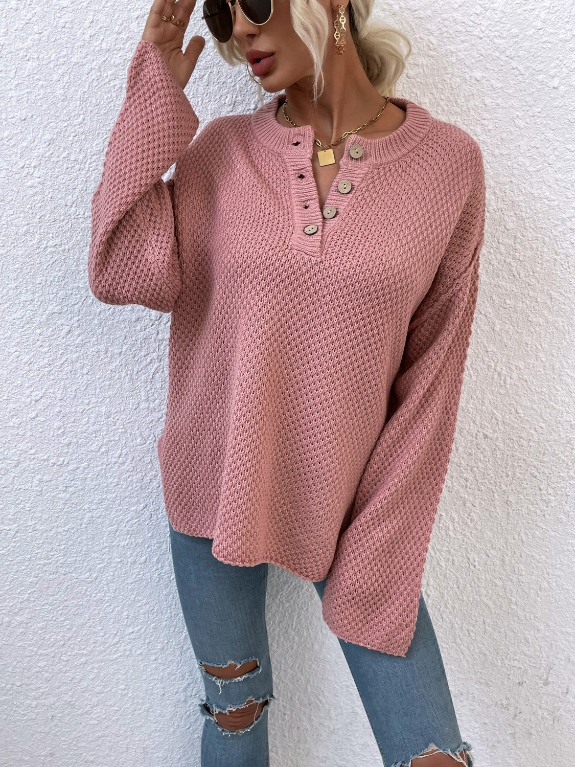 Quarter-Button Slit Sweater - Fashorio