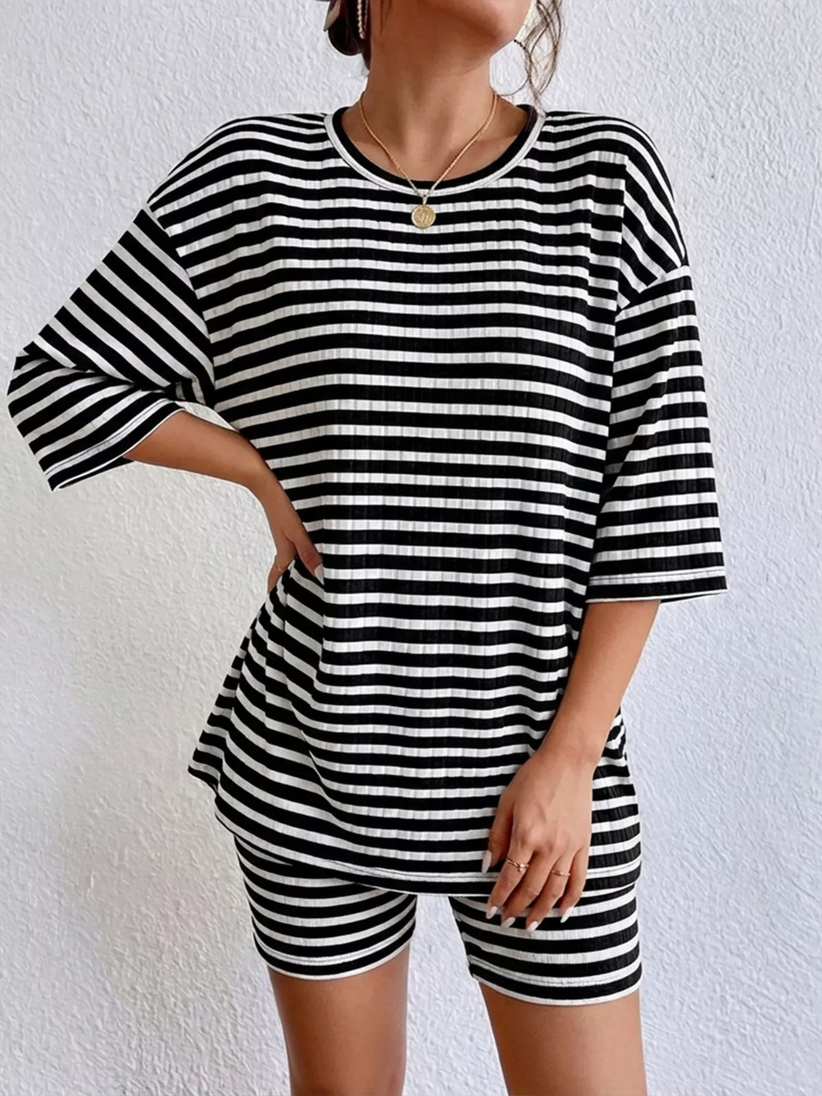 Striped Round Neck Top and Shorts Set, view 7