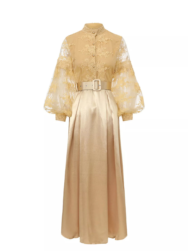 Brocade lace lantern sleeve belted maxi dress in gold full length front view