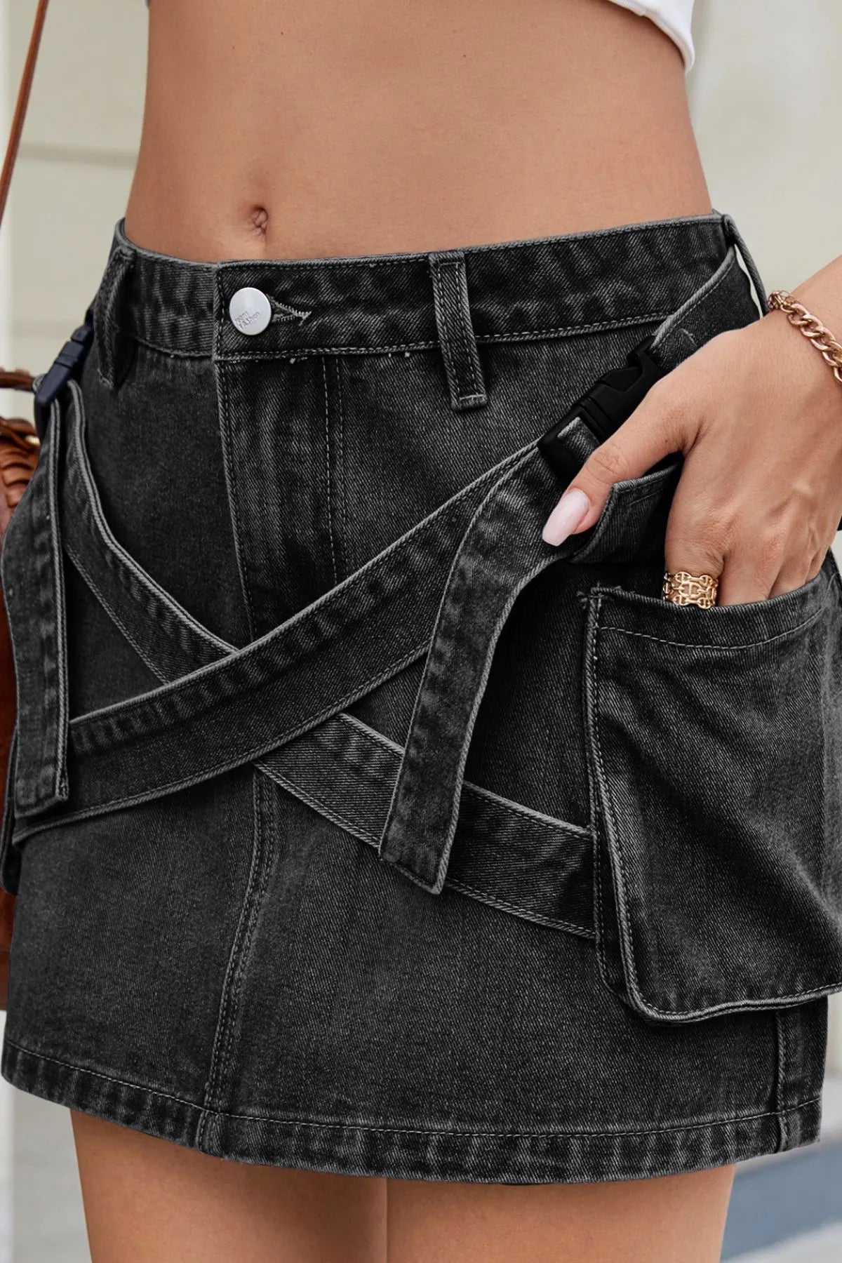Criss-Cross Waist Detail Denim Mini Skirt - Fashorio