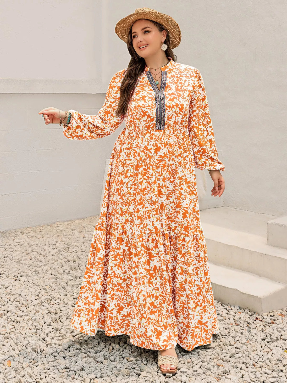 boho floral print maxi dress in tangerine fabric detail