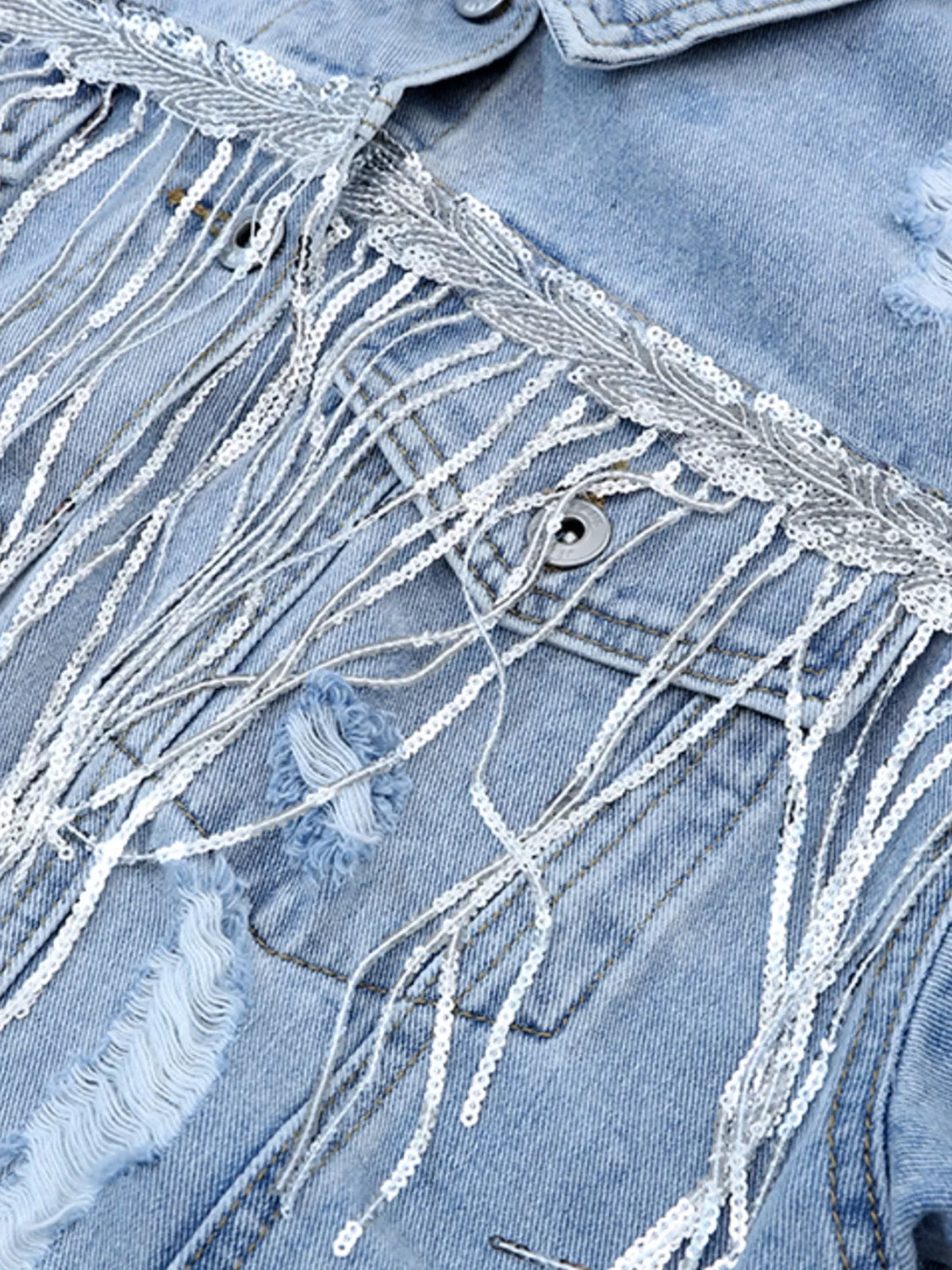 Fringed Sequin Denim Jacket in Light Blue view 8