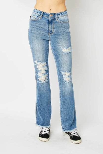 Judy Blue Distressed Raw Hem Bootcut Jeans – Full Size Denim - Fashorio