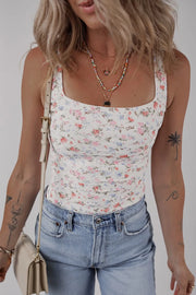 Floral Textured Square Neck Sleeveless Bodysuit Floral - Fashorio