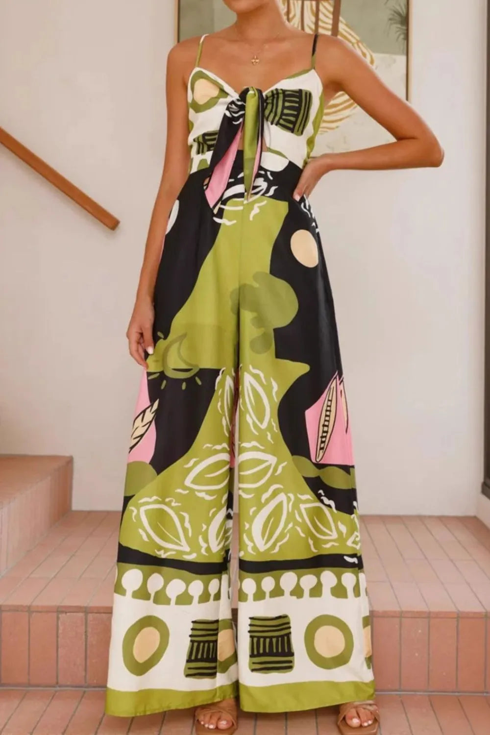 Printed Sweetheart Neck Jumpsuit - Fashorio