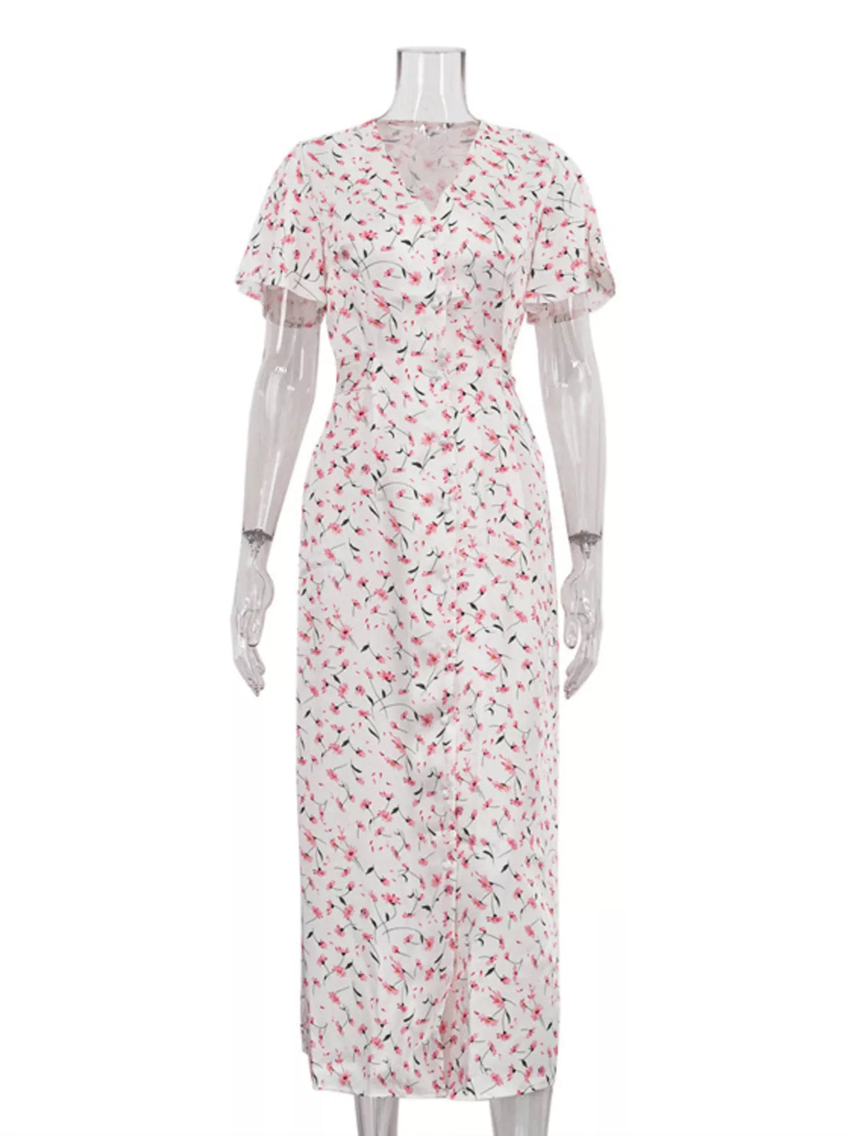 Flutter sleeve detail on a dusty pink floral dress