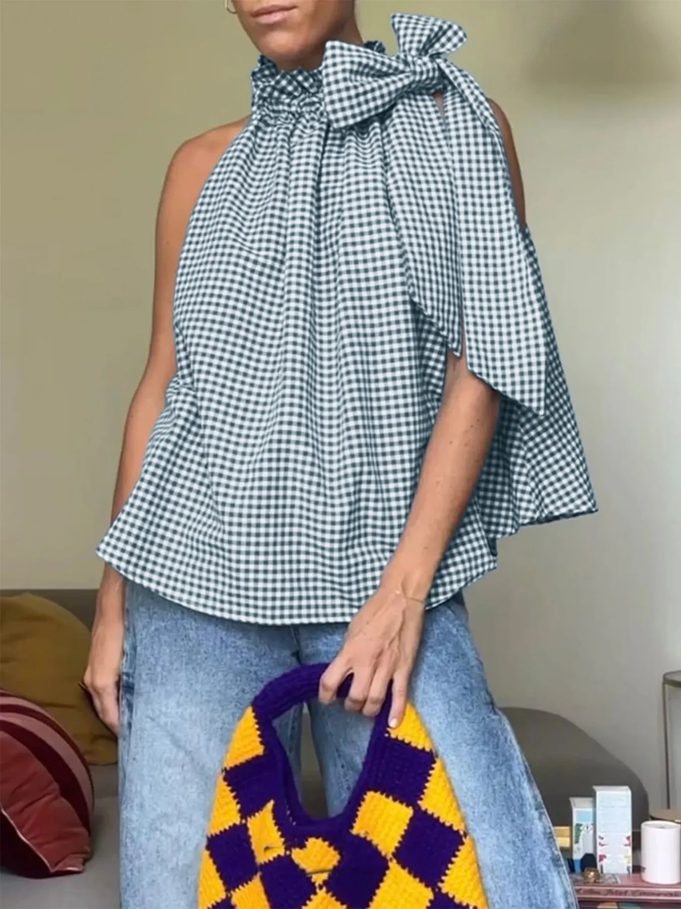 Asymmetric Gingham Bow Tie Sleeveless Top Plaid - Fashorio
