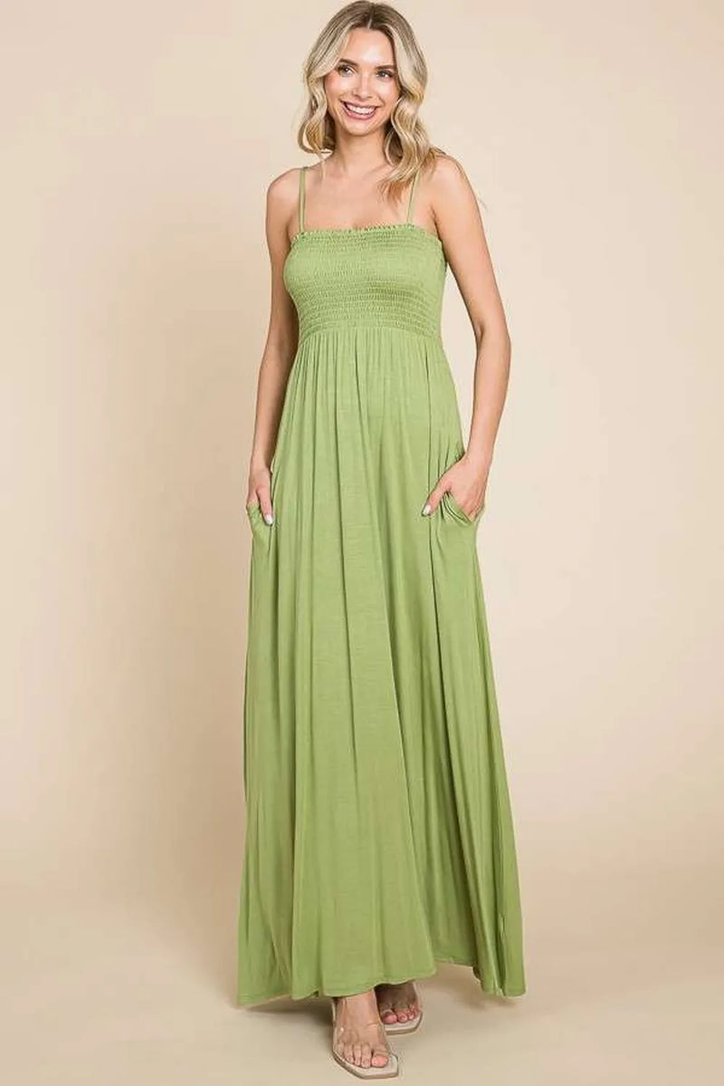 smocked cami maxi dress with pockets in olive front view