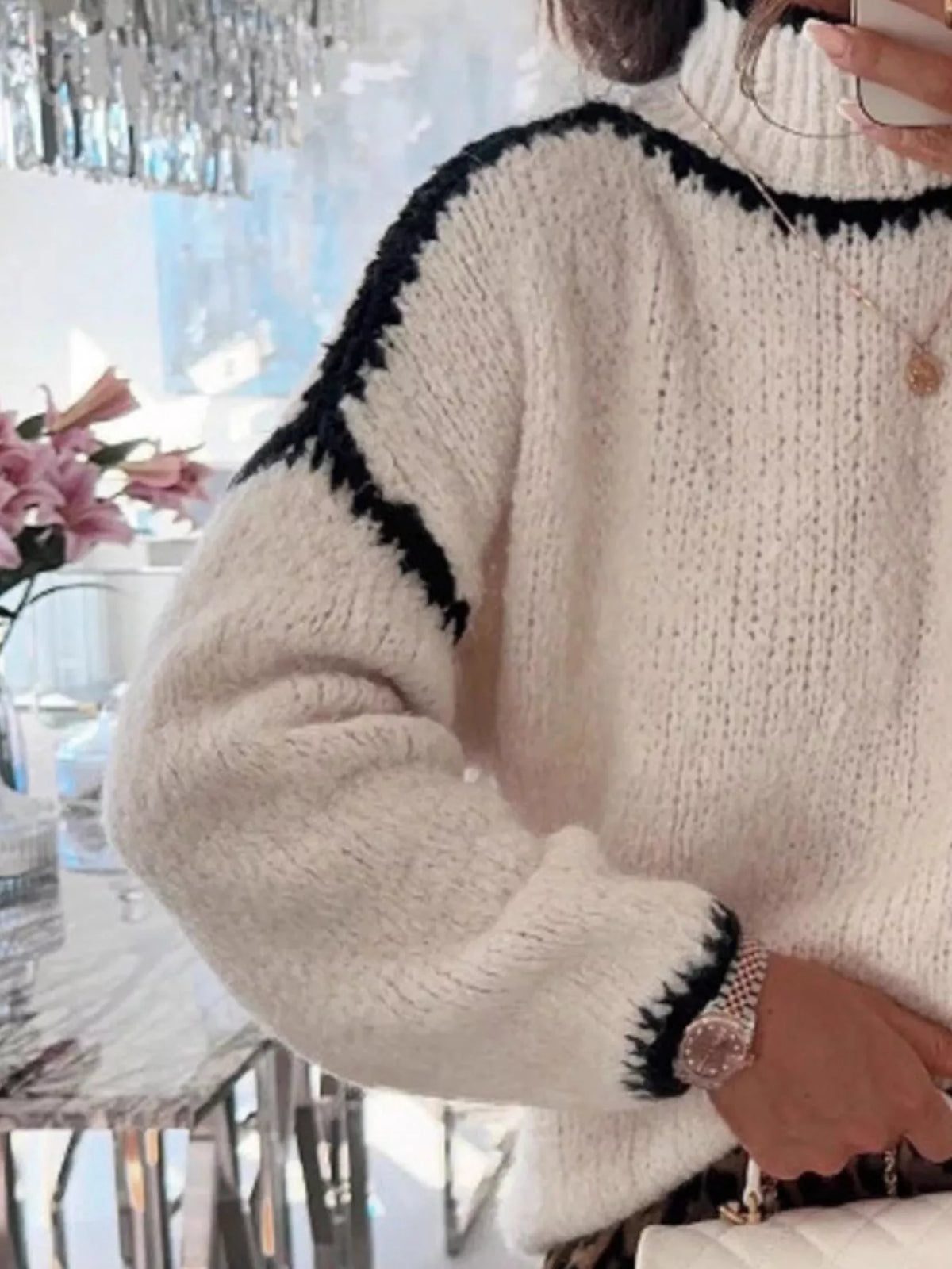 Contrast trim turtleneck sweater, sleeve and cuff detail