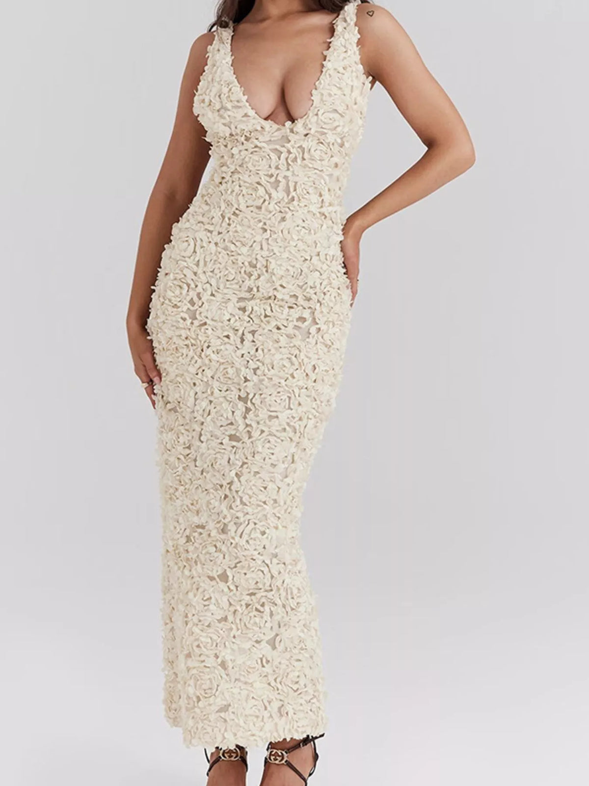 Floral applique deep V neck maxi dress in white, detail of the fabric