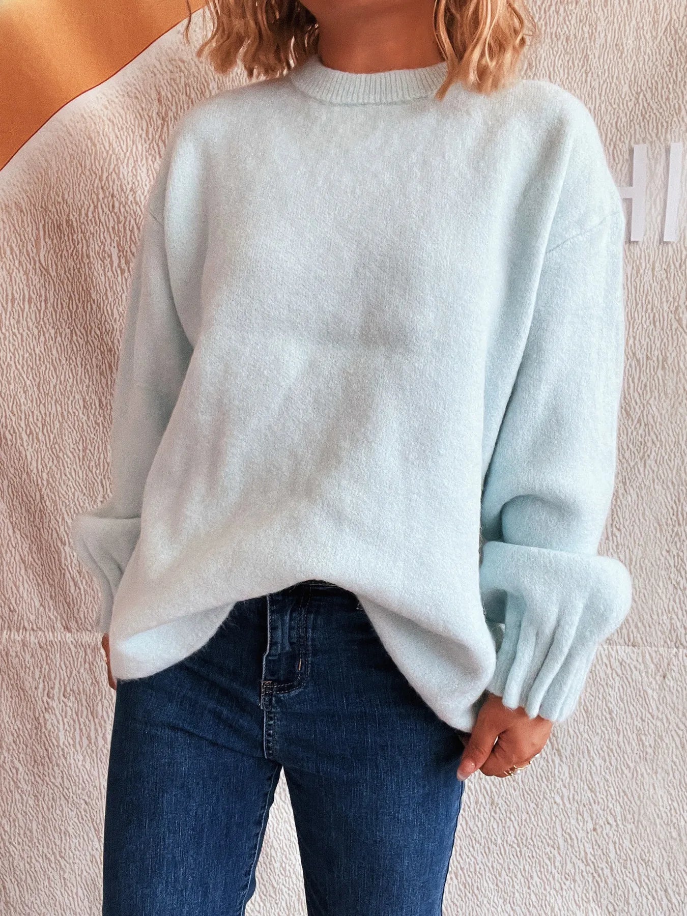 Round Neck Dropped Shoulder Sweater Light Blue One Size - Fashorio