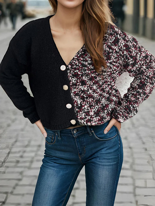 Contrast Button Up V-Neck Cropped Cardigan Black One Size - Fashorio