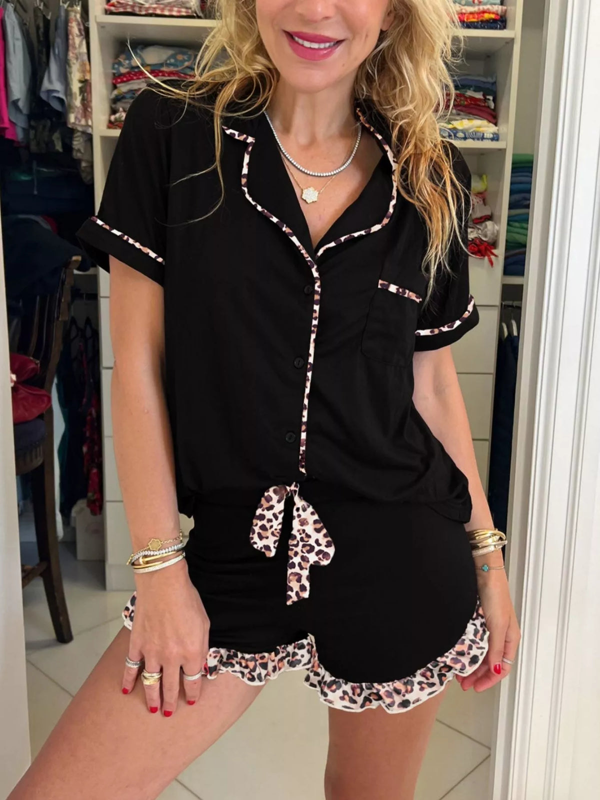 Leopard patchwork shirt and shorts two piece set