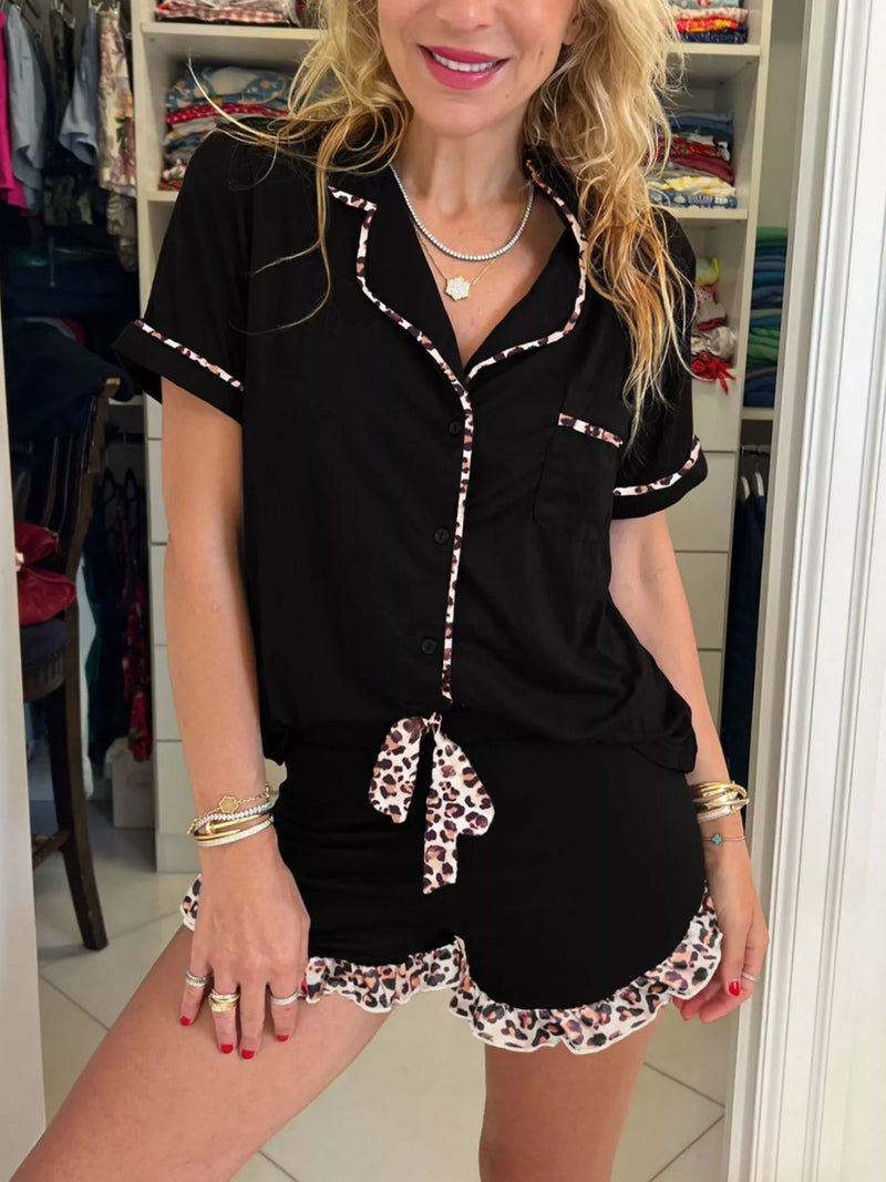 Leopard patchwork shirt and shorts two piece set