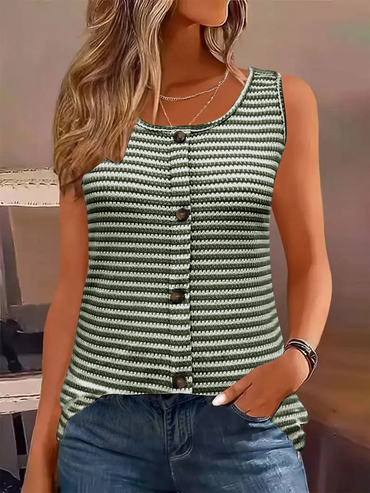 Ribbed striped tank top in army green side view