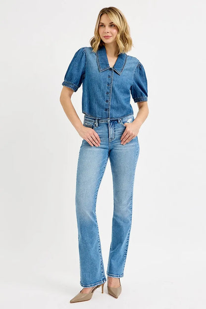 RISEN Button Down Puff Sleeve Crop Denim Shirt MEDIUM - Fashorio