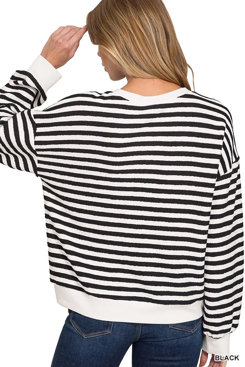 Zenana striped sweatshirt close up of the round neckline