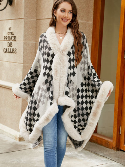 Checkered Faux Fur Trim Poncho Ivory One Size - Fashorio