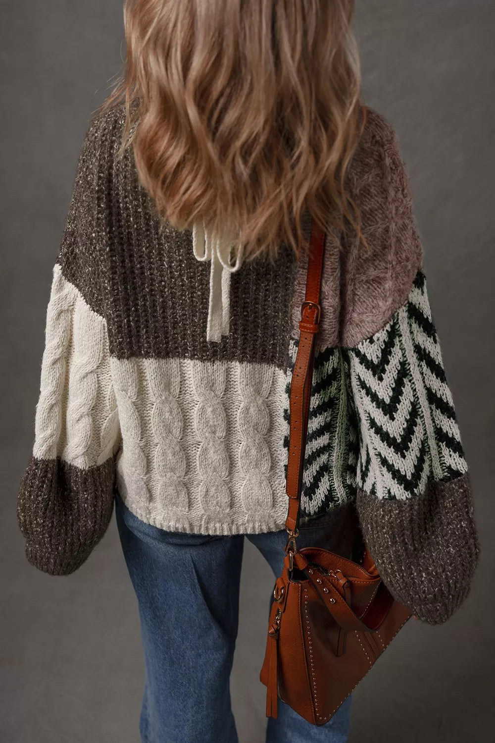 dark brown color block cable knit sweater side view