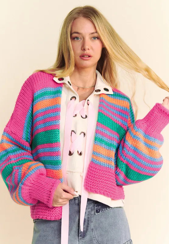 Contrast Striped Open Front Long Sleeve Cardigan - Fashorio