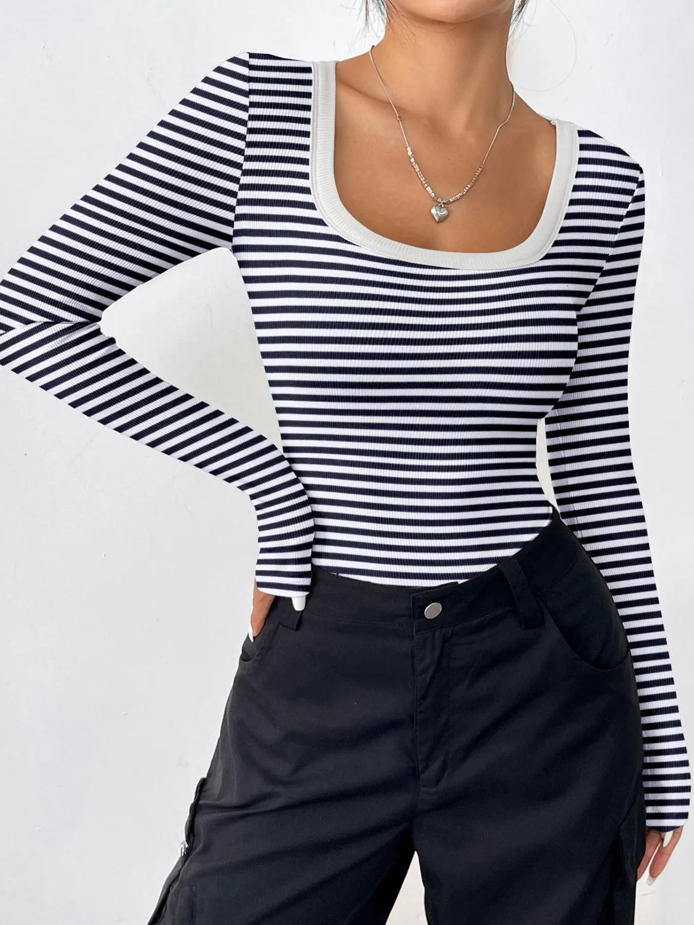 Striped Long Sleeve Scoop Neck T-Shirt - Fashorio