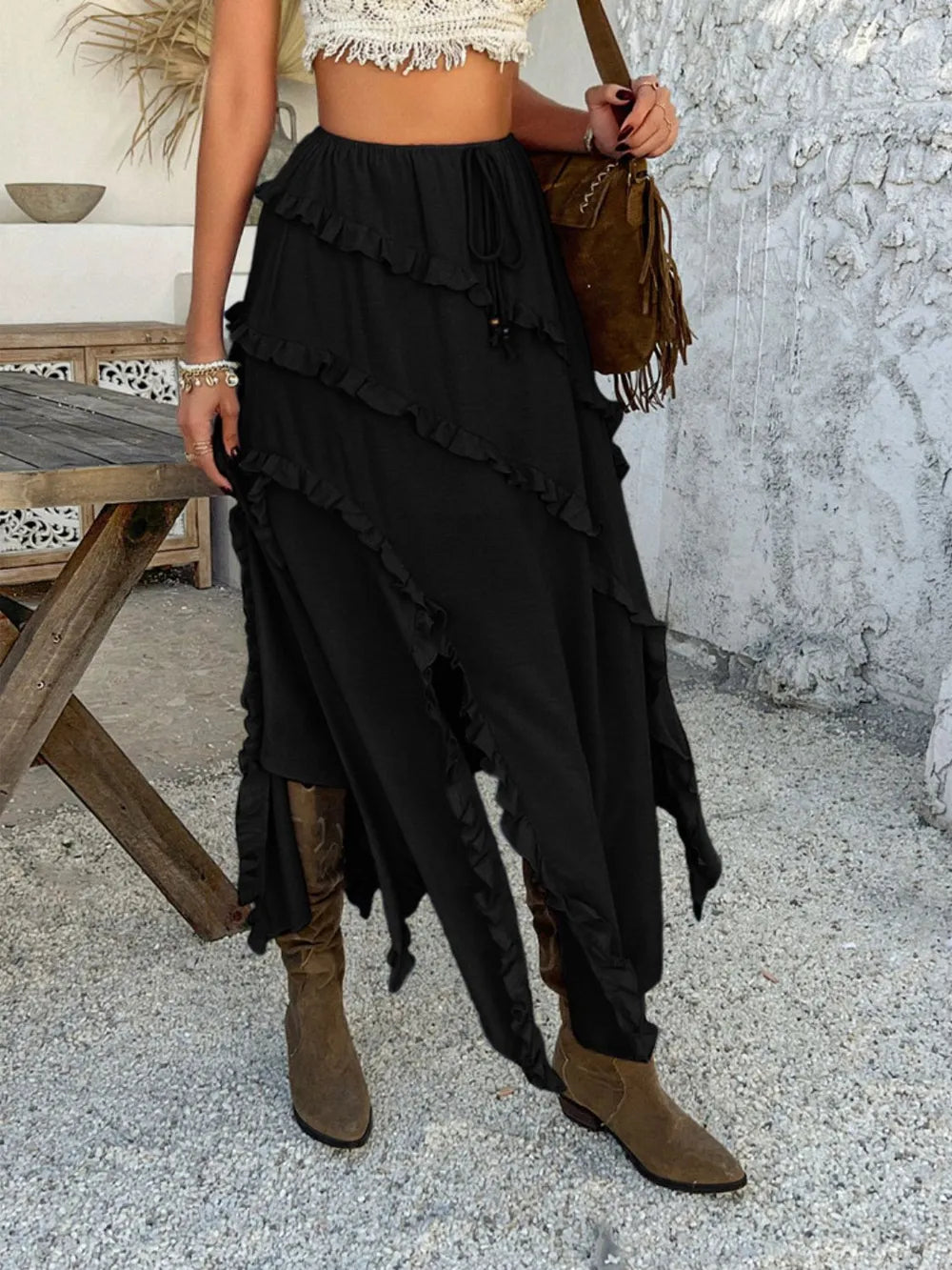 Slit Drawstring Ruffled Maxi Skirt, view 22