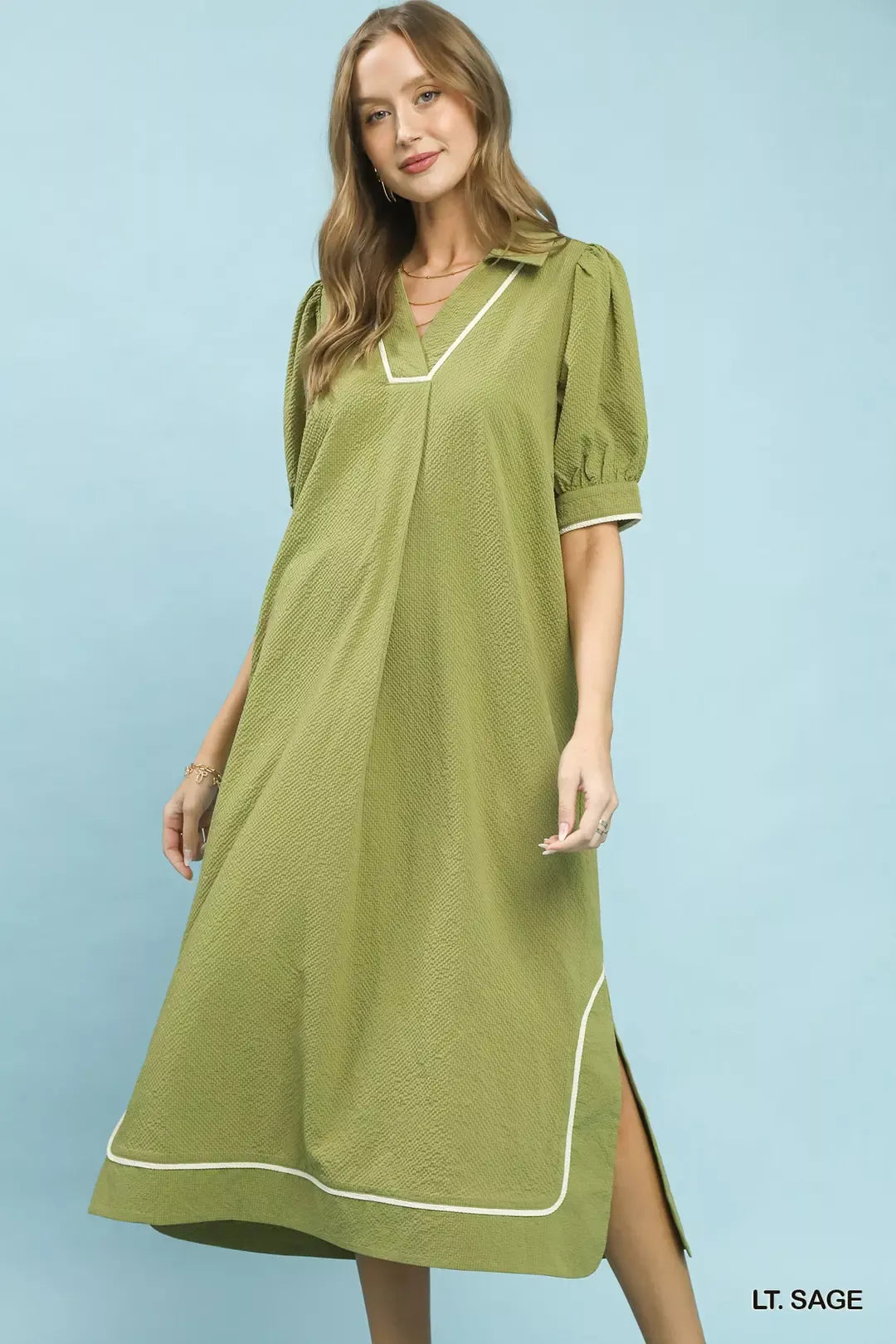 Seersucker Midi Dress with Contrast Trim detail